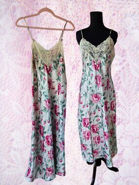 Vintage 90s Satin Rose Print Slip Dress Nightgown Maxi Fairycore Romantic Ballet